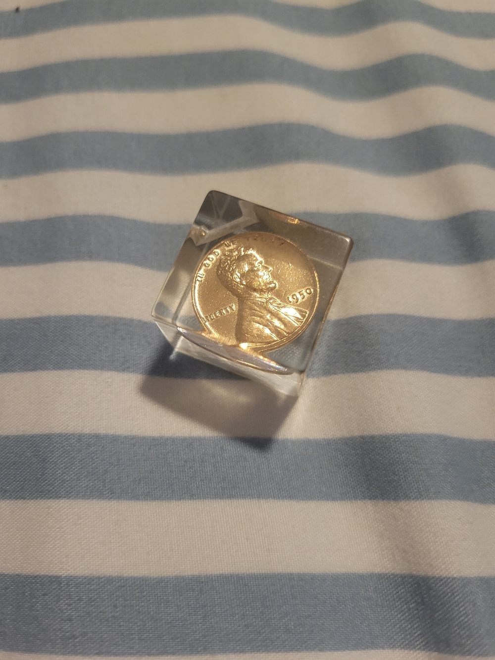 Clear Acrylic Cube with Encased Coin Accent - 1950 Wheat Penny